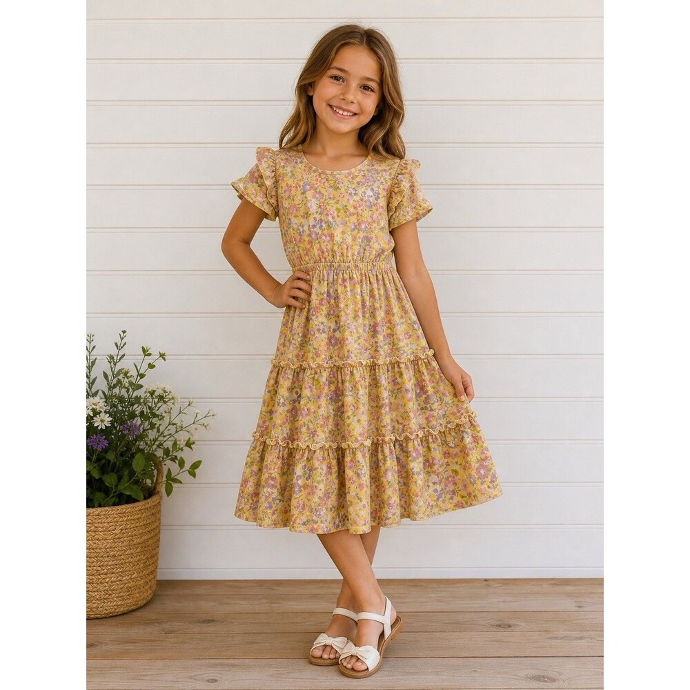 BCBG Girls Yellow Floral Tiered Ruffle Dress 7/8 Small Easter Party Boho